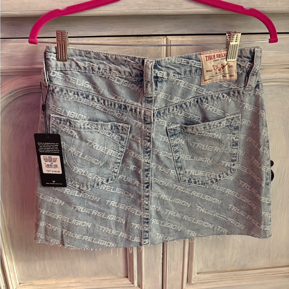True Religion Monogram High Rise Denim Mini Skirt Leaping Water Y2K - Picture 10 of 11